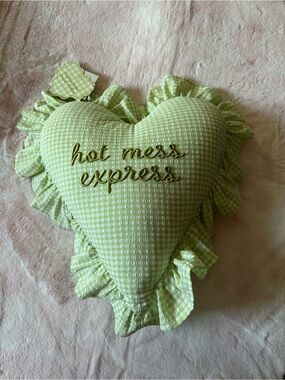 Hot Mess Express - Heart Shaped Green Gingham Pillow NWT